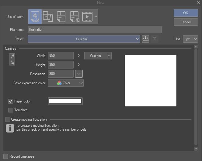 Screenshot: Clip Studio Paint's New Image dialog box