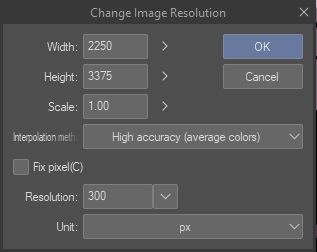 Screenshot: Clip Studio Paint's Change Image Resolution dialog box