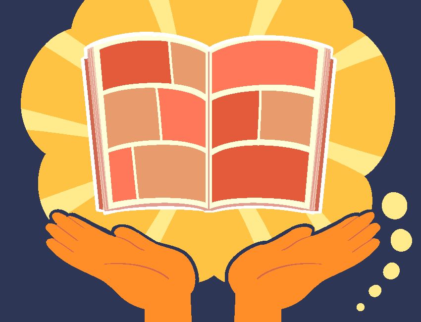 Illustration: glowing hands holding up a printed comic-book spread