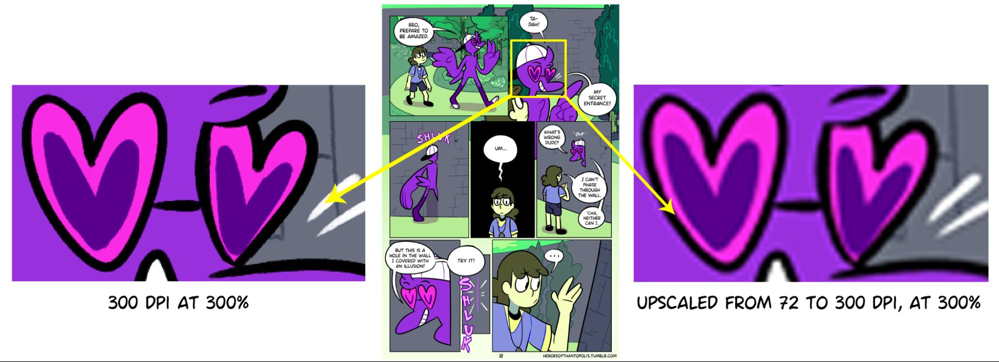 Illustration: a zoomed-in comparison of a 72dpi drawing and a 300dpi drawing